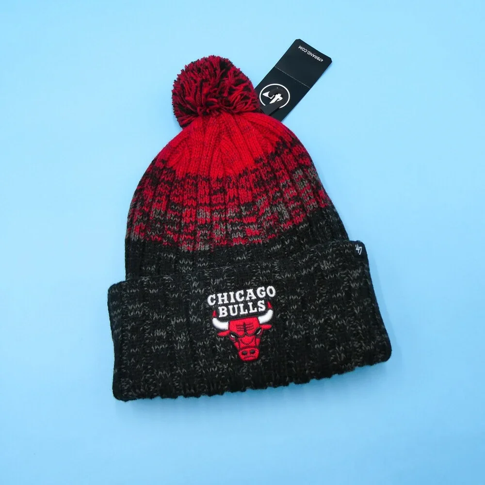 '47 Brand Chicago Bulls Winter Hat Mens Black Red Knit Acrylic Beanie NBA‎ Pom
